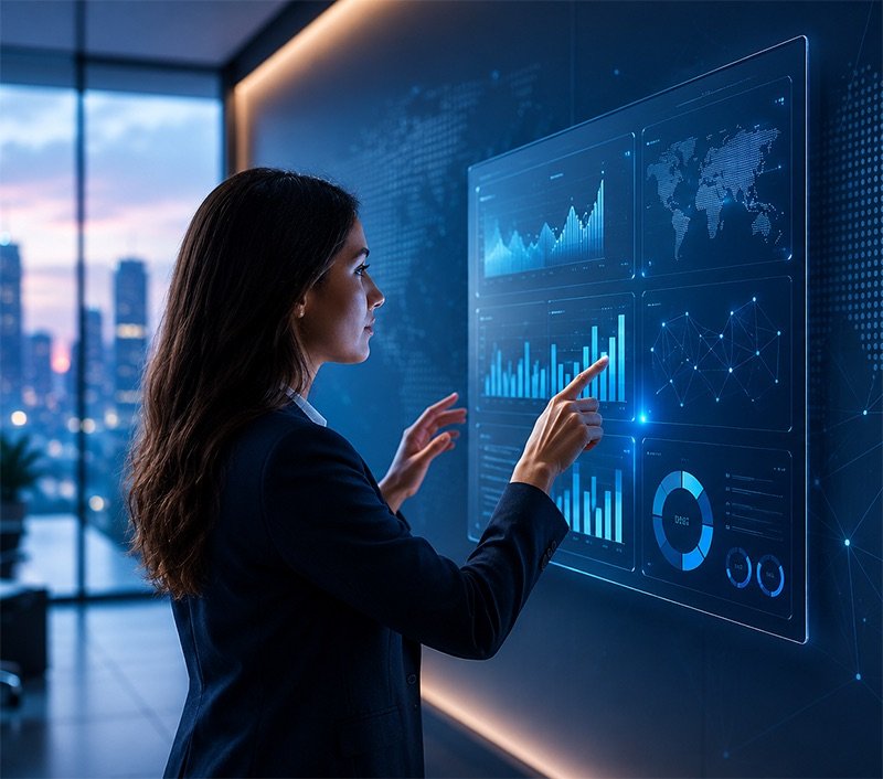 Consultant reviewing business software dashboards